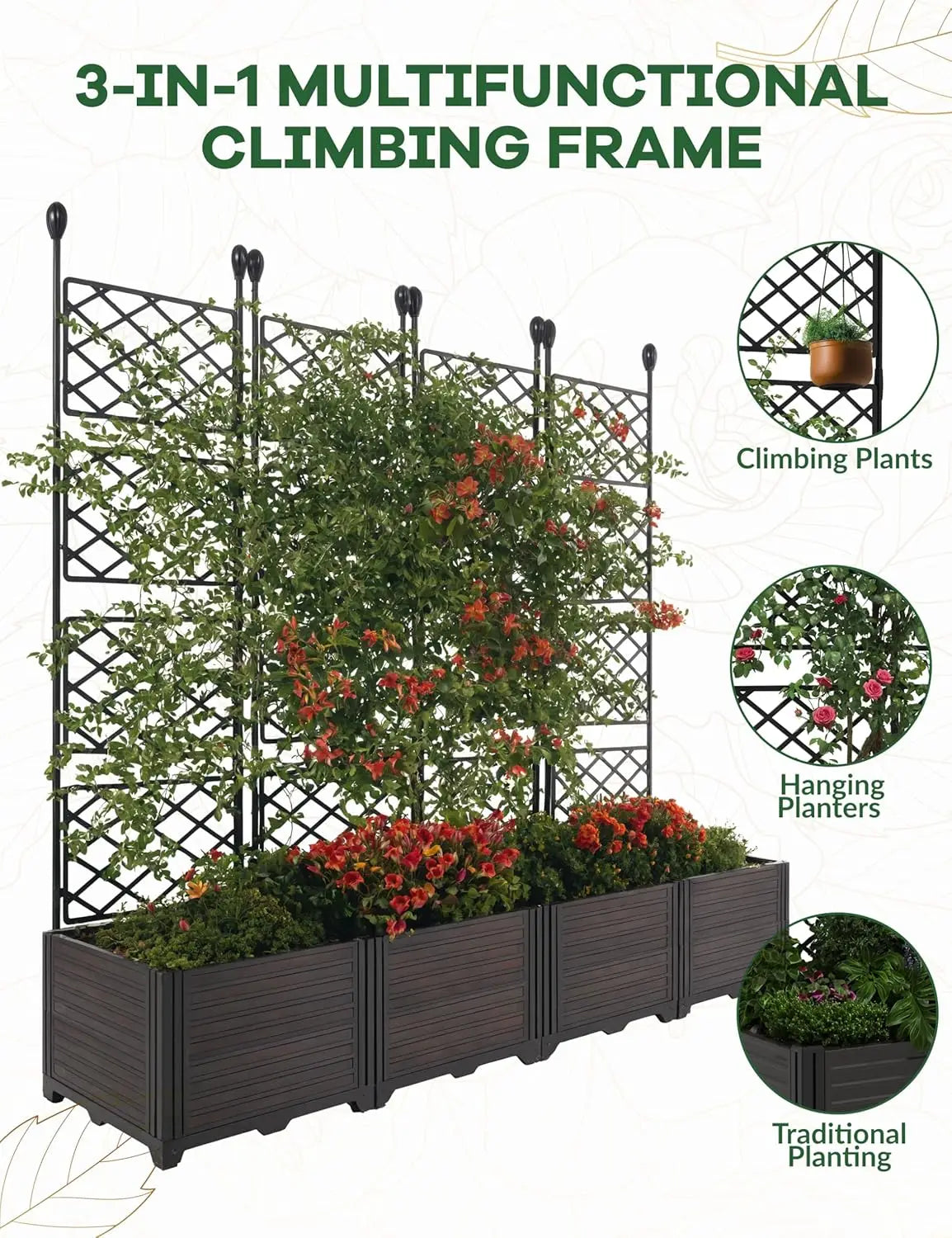 HiMISSH Plastic Plant Box With Metal Trellis Raised Garden Bed