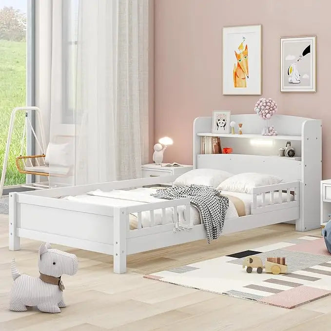 Kids Twin Bed with Guardrails, Low Platform Bed with Headboard and Footboard, Pink Children Bed Frame with 2 Drawers for Boy Gir