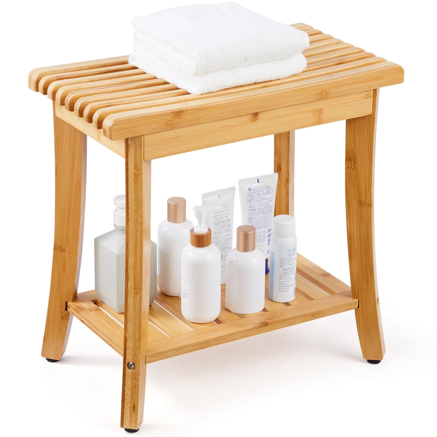 SucceBuy Bamboo Shower Bench Waterproof Shower Stool With Storage Shelf 330lbs