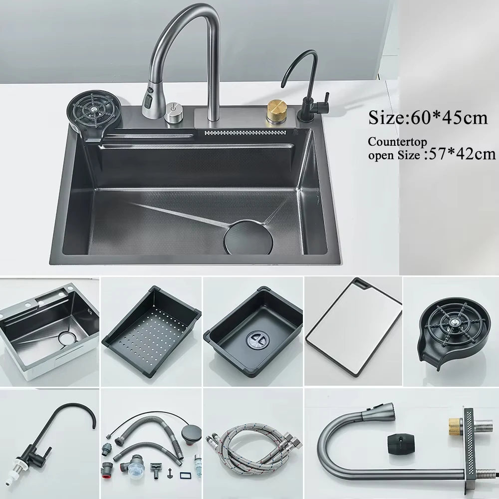 MYQualife 304 Stainless Steel Waterfall Sink Faucet Set With Digital Display