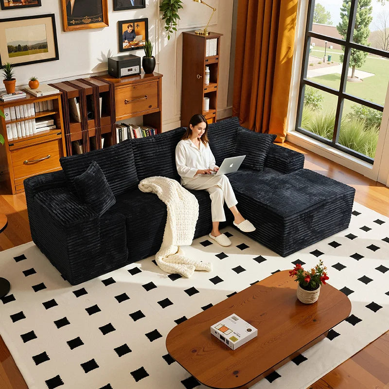 L-Shaped Living Room Sofa Bed Convertible In Corduroy Fabric No Assembly