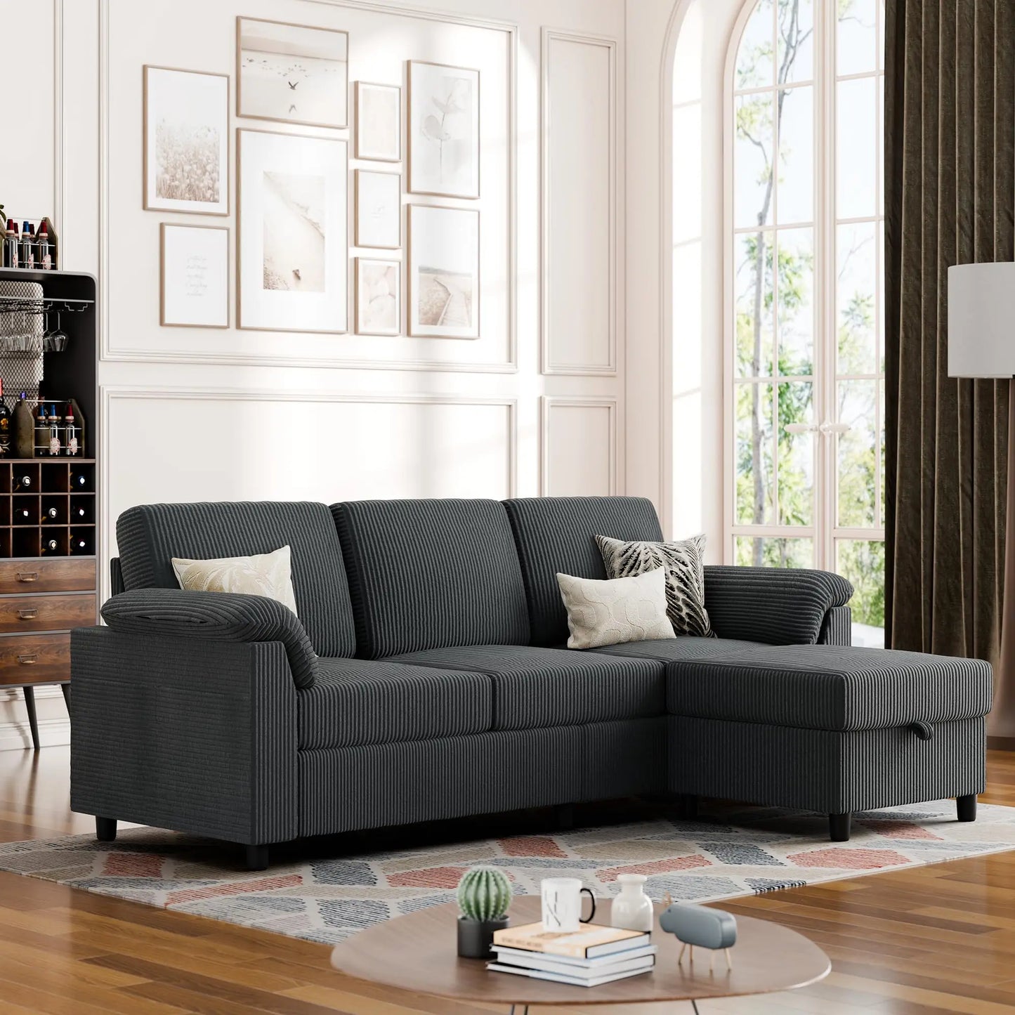L Shaped Corduroy Sofa With Removable Pillows Mid Century Couch