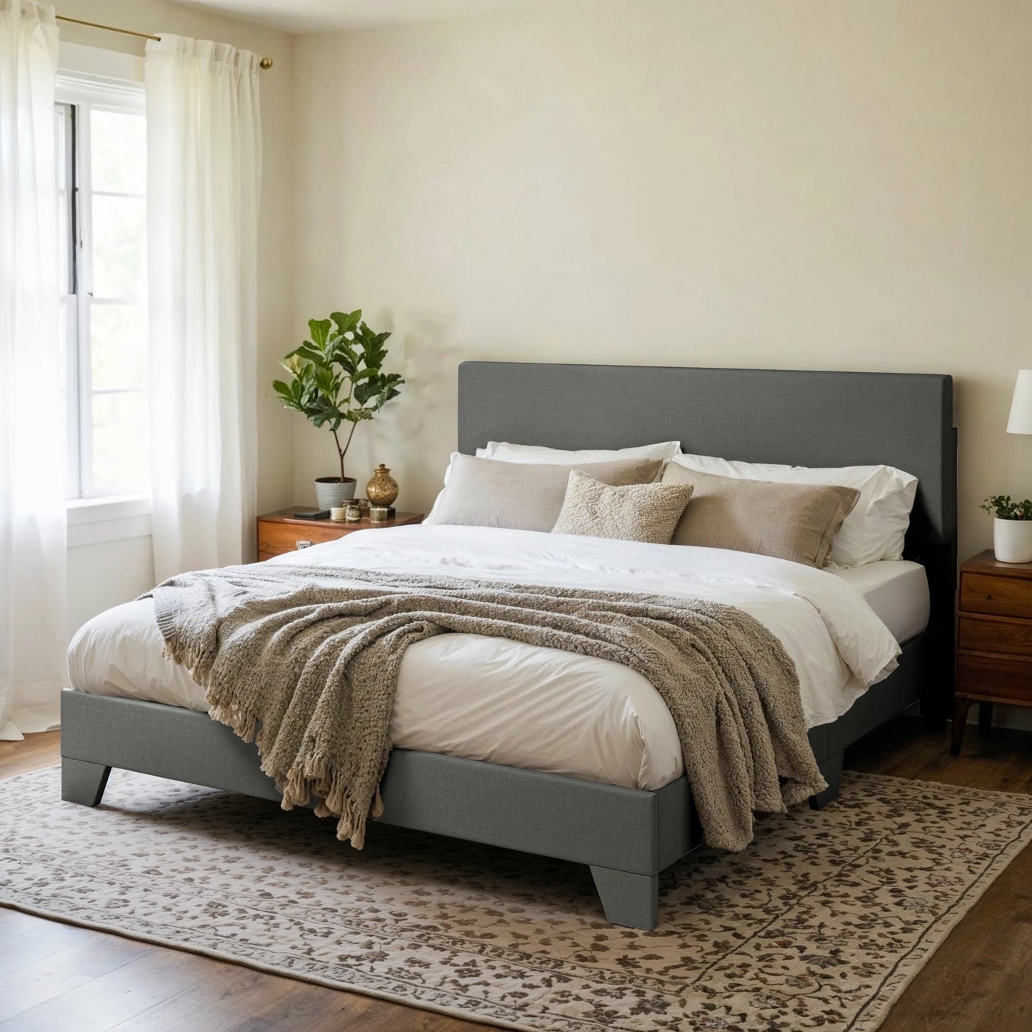 HOOMI Upholstered Bed Frame With Adjustable Headboard And Noise Free