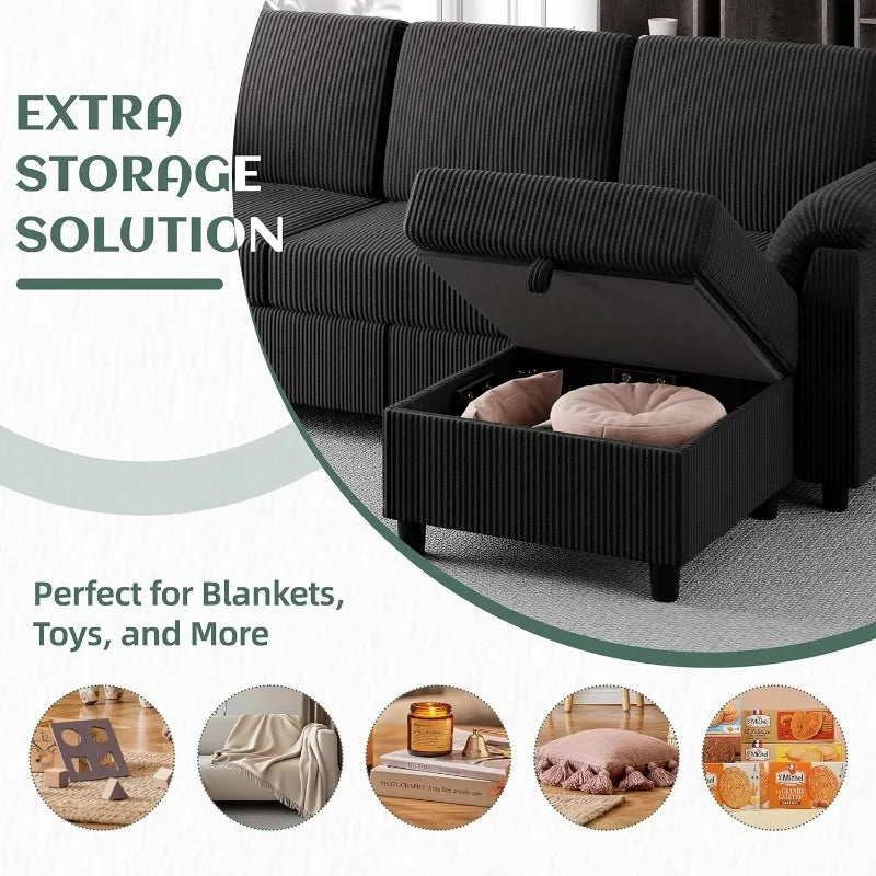 79" Convertible Sectional Couch Sofa with Storage Ottoman, 3 Seat L Shaped Couch with Side Storage Pockage, Linen Fabr