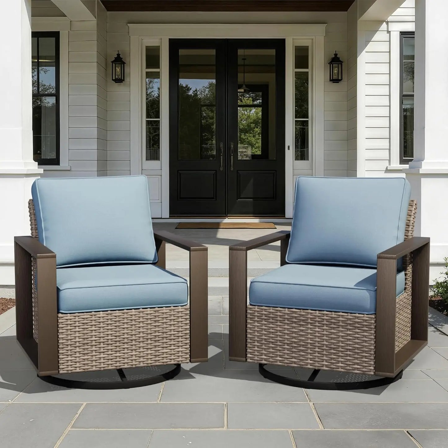 Outdoor Swivel Rocker Chairs Set 2 Pieces Wicker Rattan Cushions