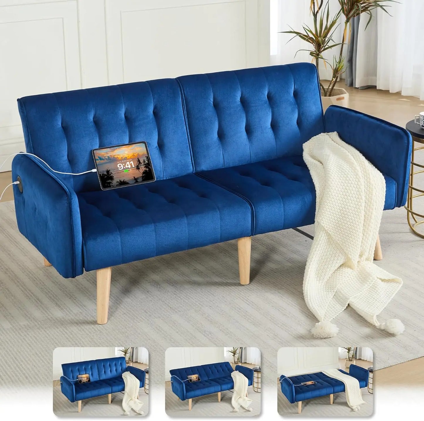Futon Sofa Bed With USB Tufted Upholstered Loveseat Modern Mid Century