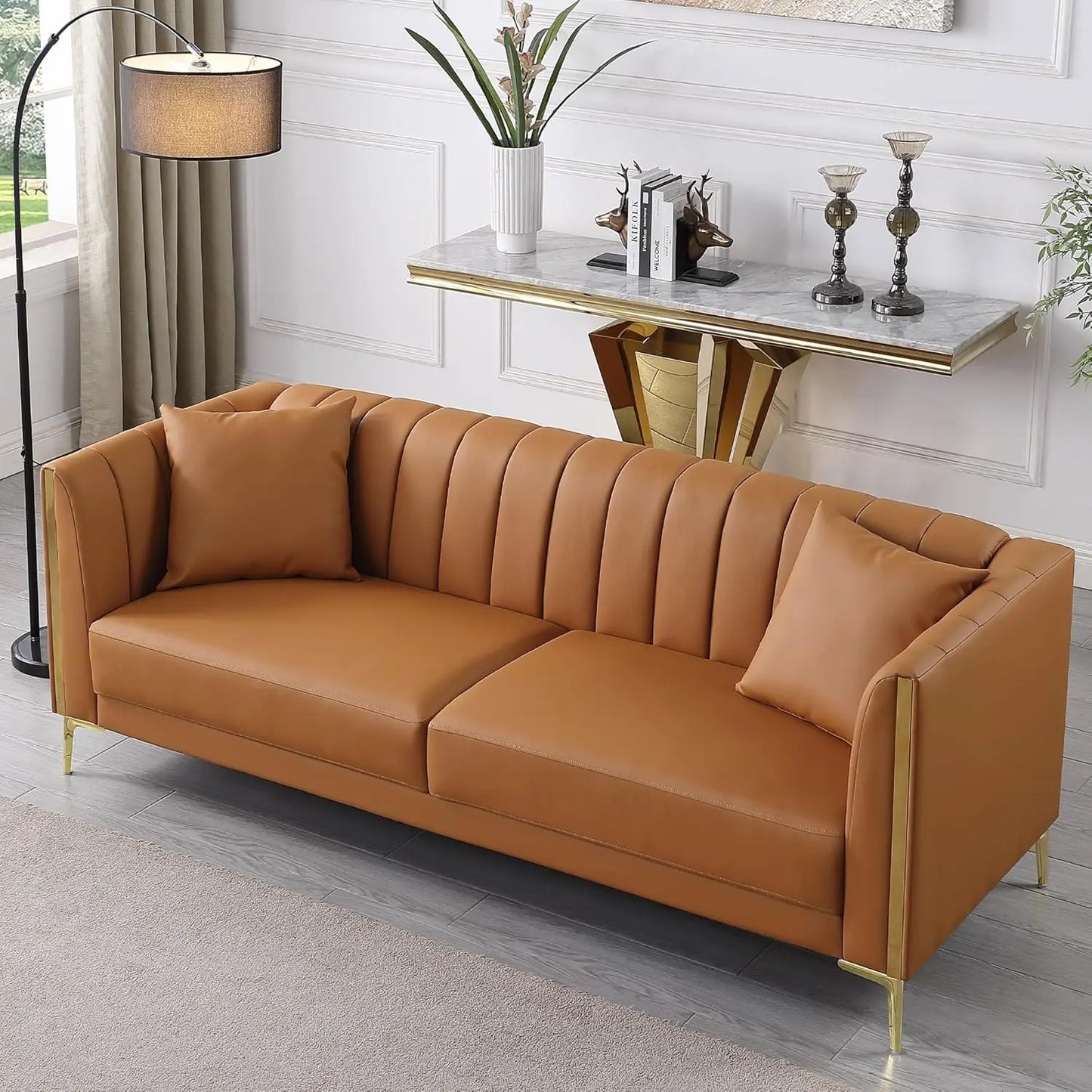 78in White Faux Leather Sofa 3 Seater Gold Metal Legs Deep Seat Living Room with 2 Pillows, Customized