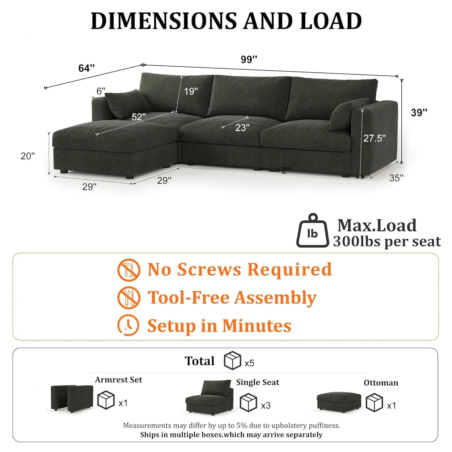 Cloud Modular Sectional Sofa With Storage Ottoman For Living Room