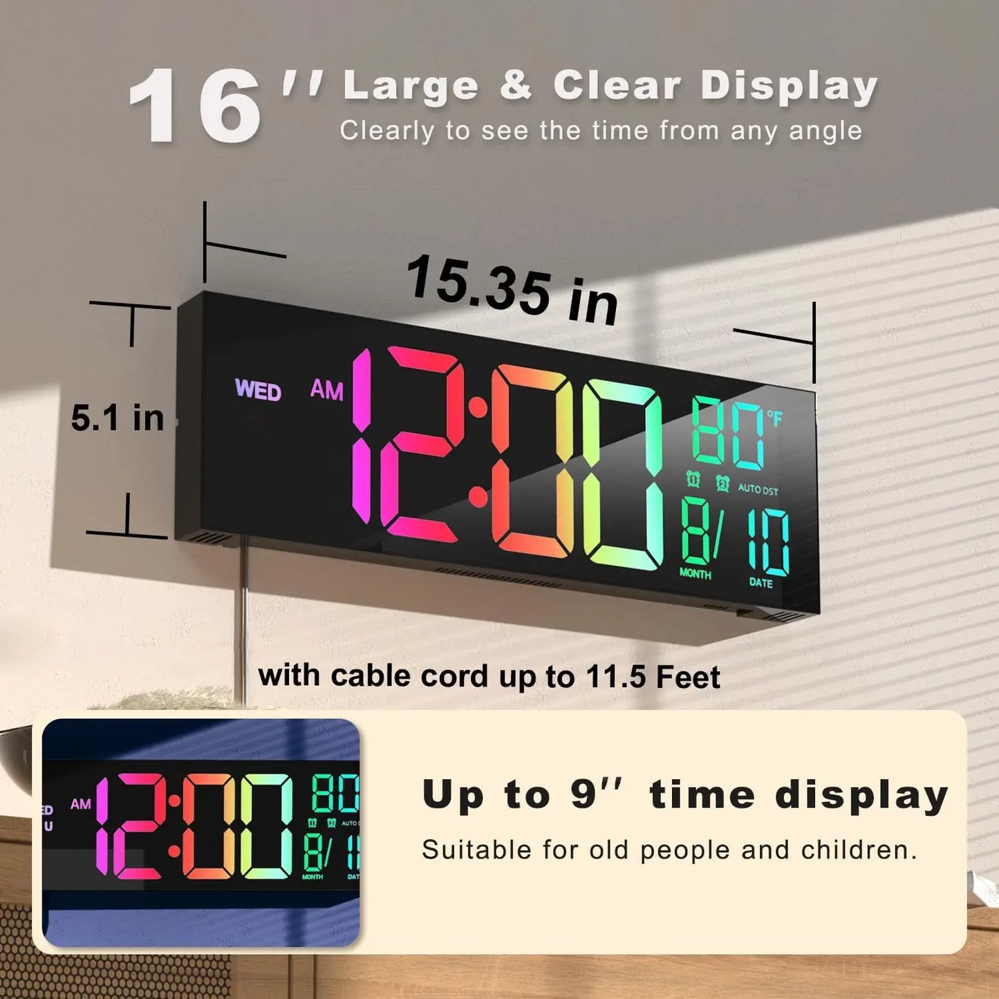 Digital Wall Clock Remote Timer Alarm Big LED Screen 8 RGB Colors Temperature