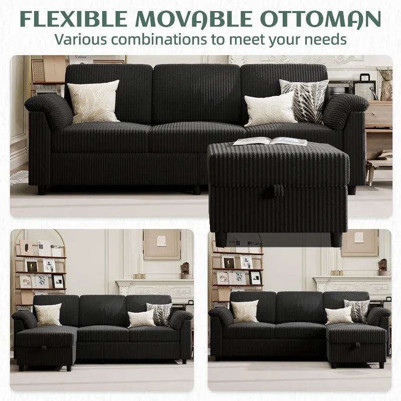 79" Convertible Sectional Couch Sofa with Storage Ottoman, 3 Seat L Shaped Couch with Side Storage Pockage, Linen Fabr