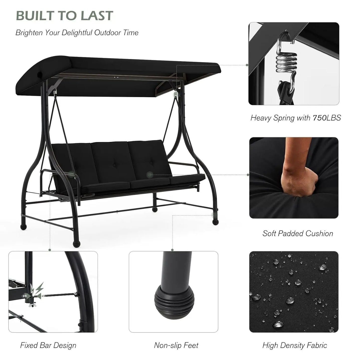 Outdoor Patio Swing Chair 3 Seat Canopy With Adjustable Backrest