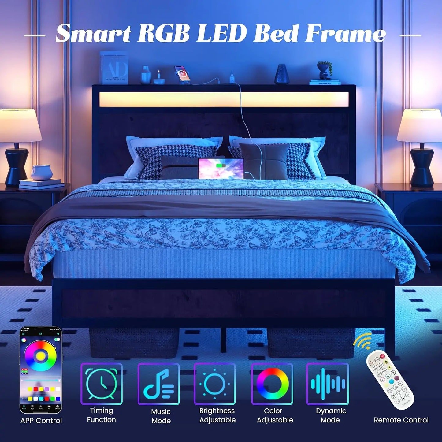 Bed Frame With Headboard And Footboard With USB Charging And LED Light