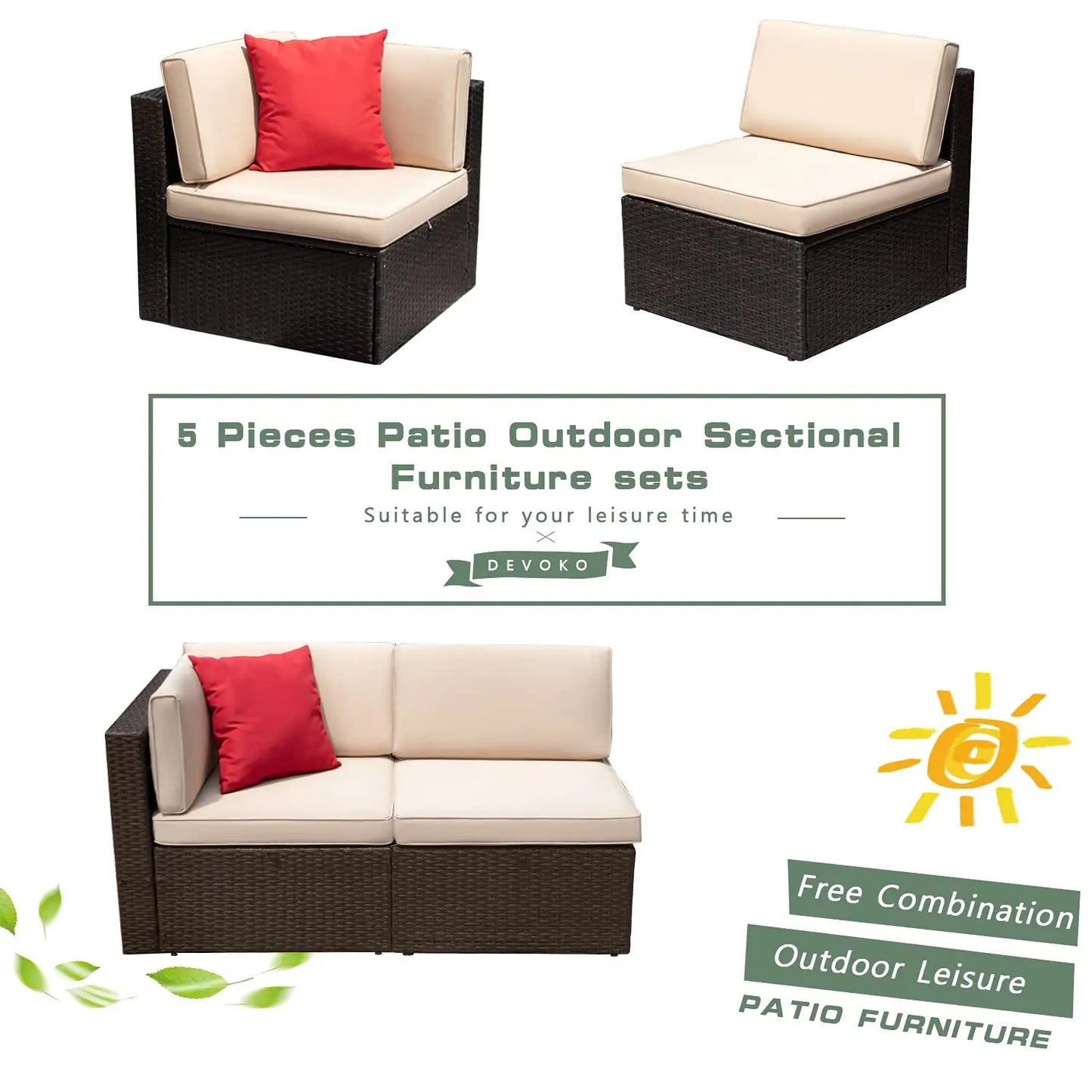 Patio Furniture Sofa Sets Outdoor All-Weather Sectional Corner Sofa and Armless Small Couch, 2 PCS Patio, Customized