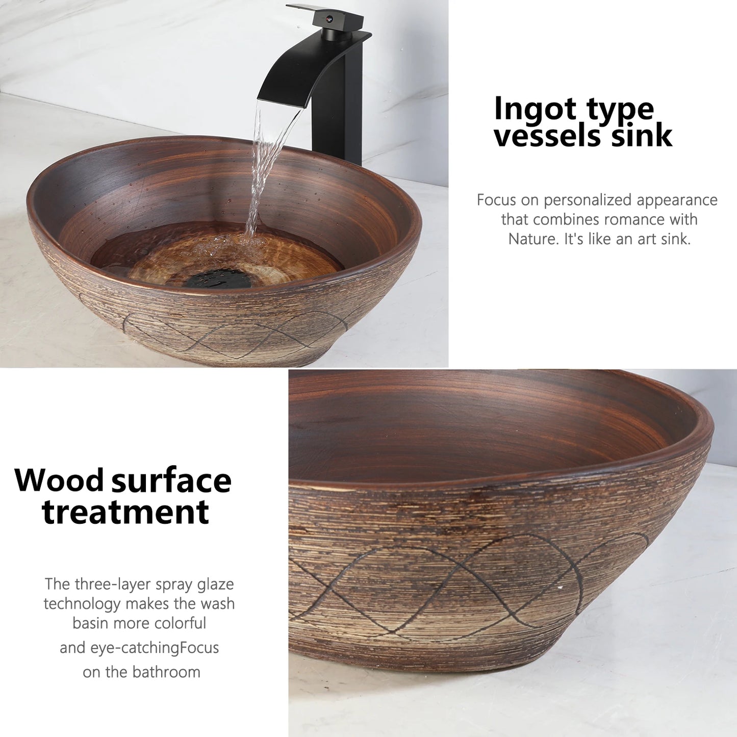 KEMAIDI Artistic Oval Wood Grain Vessel Sink Set With Faucet