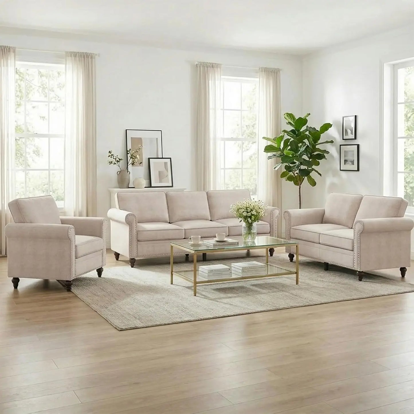 3 Piece Linen Sofa Set With Nailhead Trim For Living Room