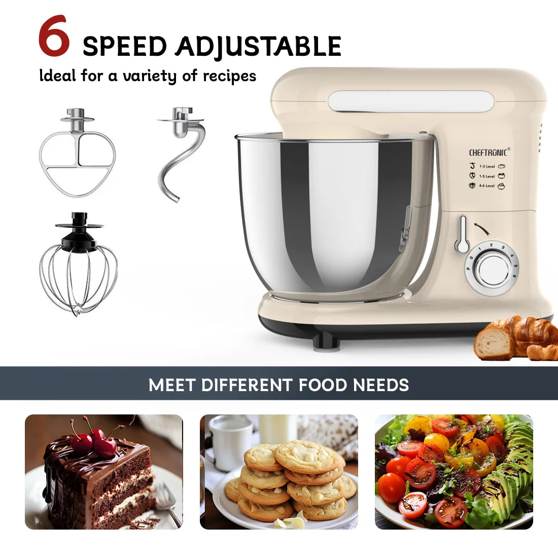 Cheftronic Tilt Head Stand Mixer With Stainless Steel Mixing Bowl