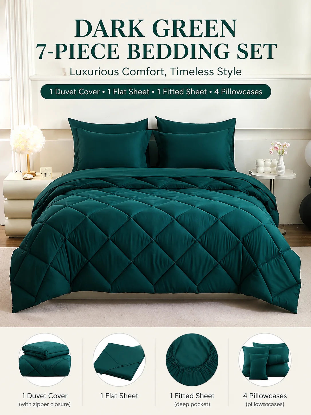 EasYum 7 Piece Bedding Set Quilted Comforter Flat Sheet Fitted Pillowcases