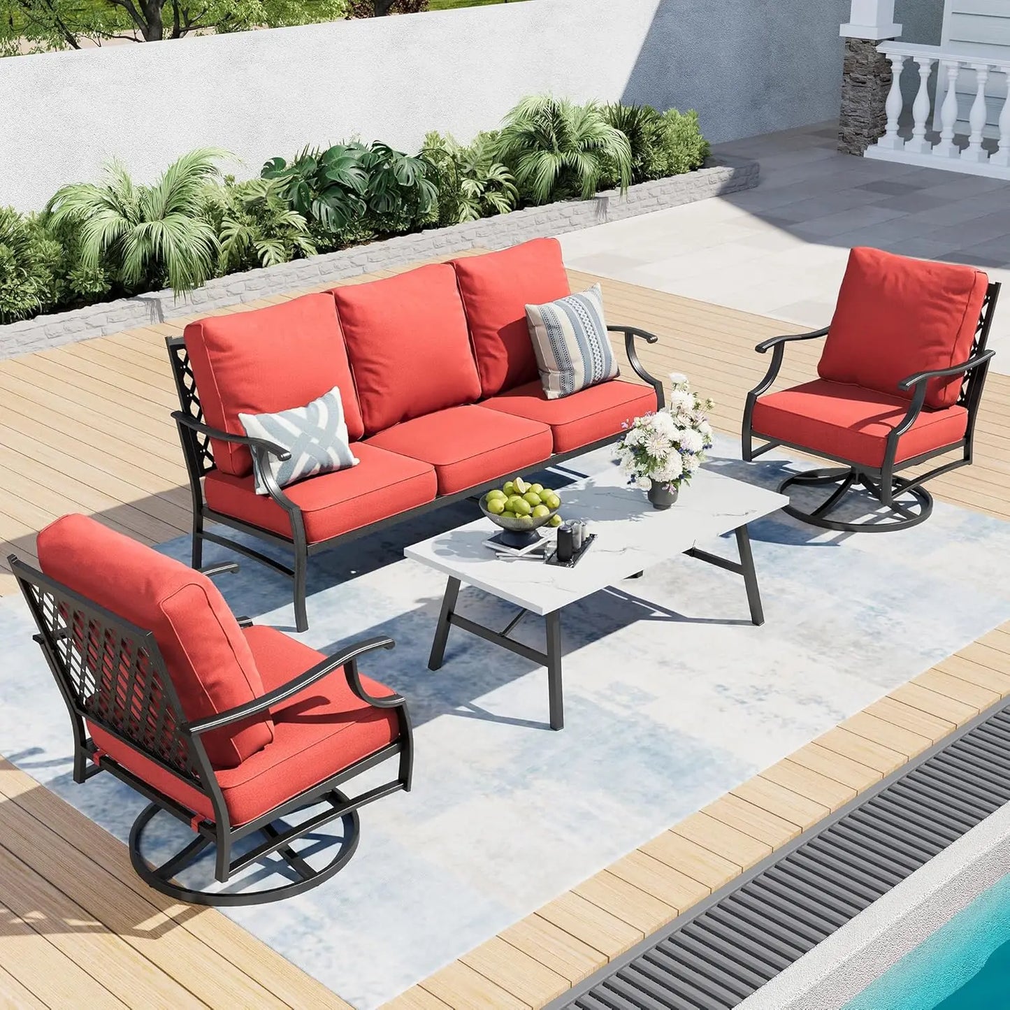 4 Piece Metal Outdoor Patio Furniture Set, Patio Conversation Sets 1 3-seater Sofa, 2 Swivel Chair with 5.75" Extra, Customized
