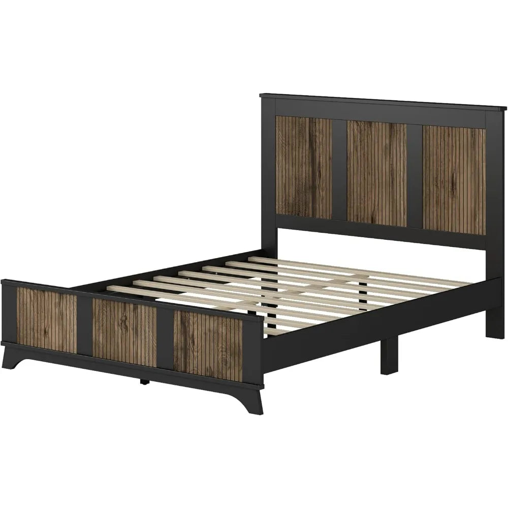 4 Piece Queen Bedroom Set, Queen Size Platform Bed with Wooden Strip Stickers Decoration, 2 Nightstands and Dresser, 4 Piece Fa