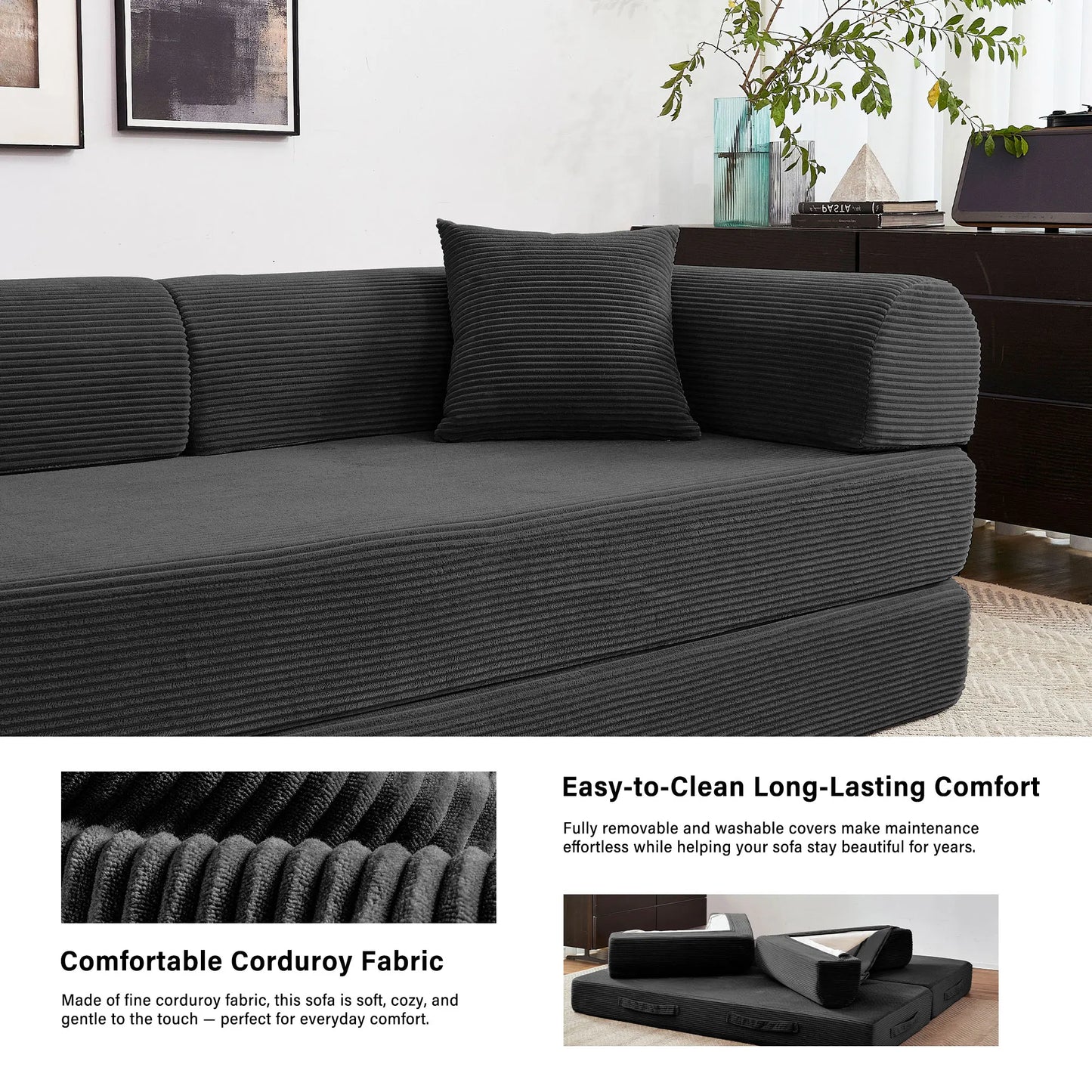 Foldable Convertible Futon Sofa Bed With L Shaped Armrests