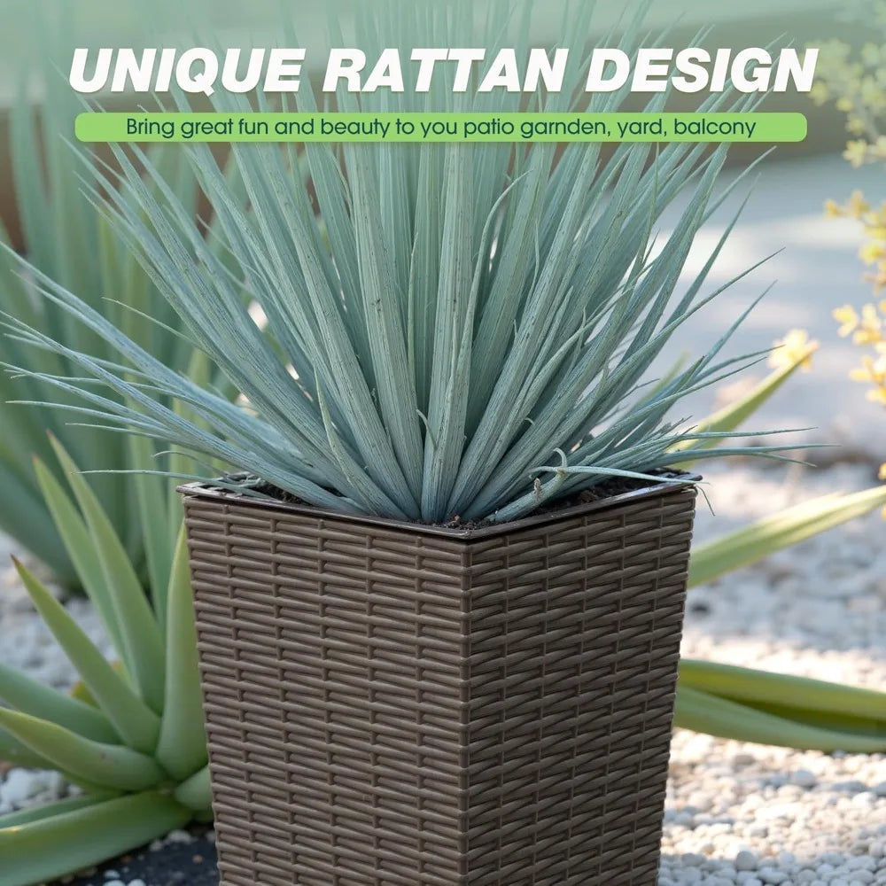 Resin Rattan Design Planters Set of 2 Durable Weather Resistant