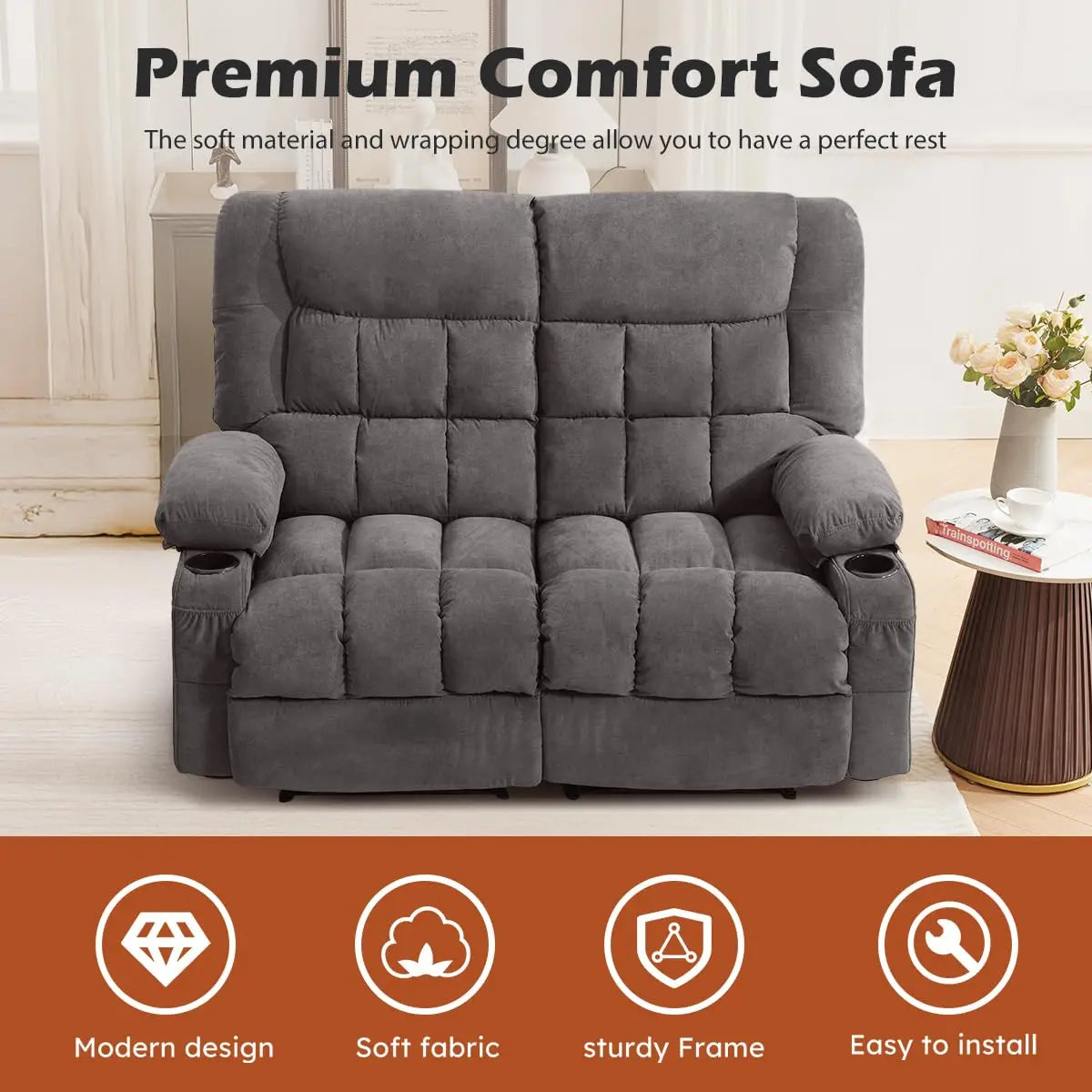 GUANGBAI Ergonomic Manual Recliner Loveseat With Cup Holders