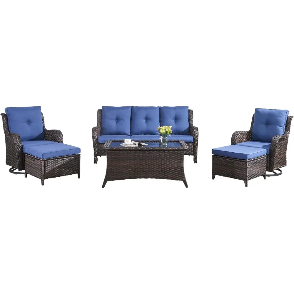 Patio Furniture 6 Pieces Set, with Swivel Rocking Chairs,Patio Ottomans,Patio Coffee Table, Wicker Outdoor Sectional Sofa
