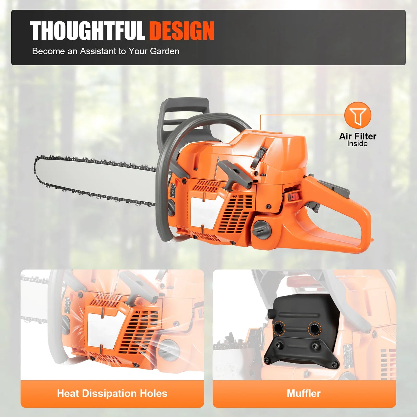 Gasoline Power Chain Saws 24 inch Guide Bar 2 Cycle 65/72cc Gas Chainsaw Farm Garden Cutting Wood Crankcase Hand Pull Start