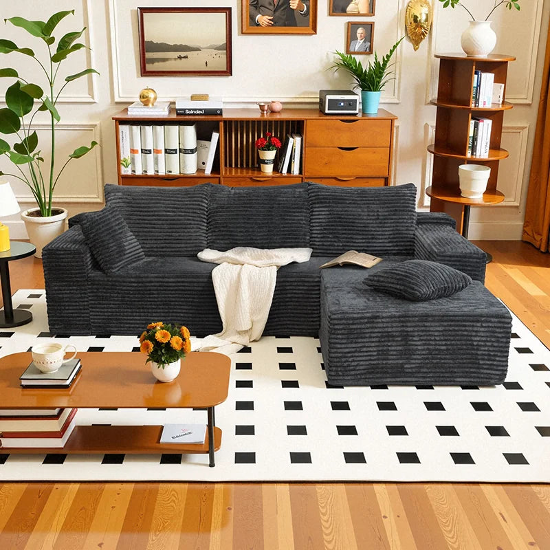 L-Shaped Living Room Sofa Bed Convertible In Corduroy Fabric No Assembly