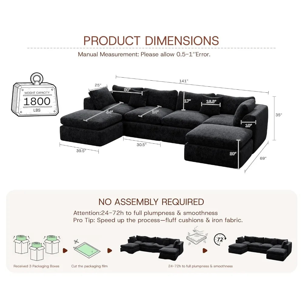 Modern Cloud Sectional Sofa U Shape With Two Ottomans