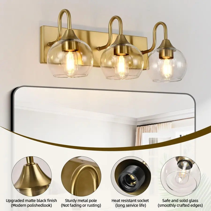 Three Light Vanity Light Over Mirror Clear Glass Globe Shade