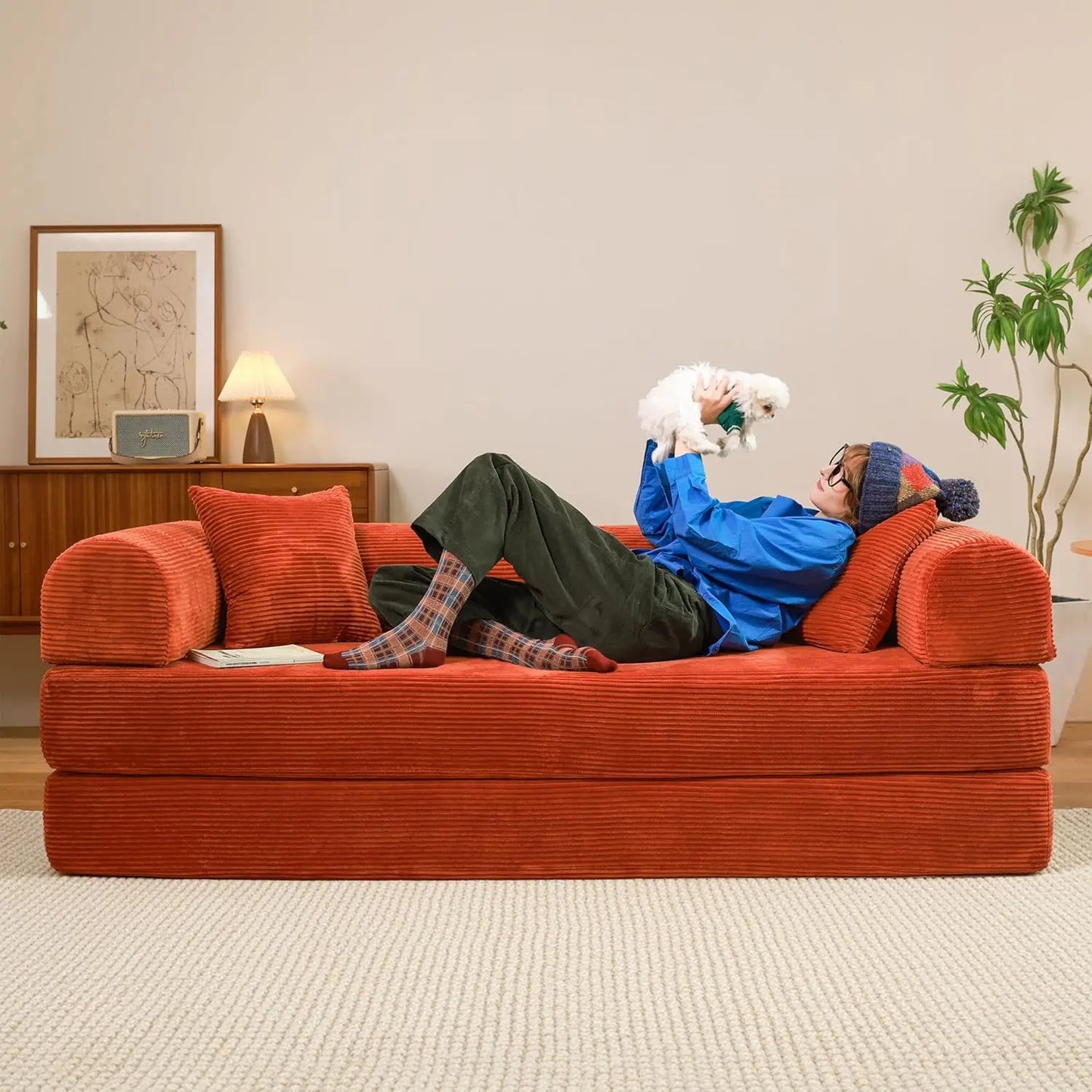 Convertible Sofa Bed Modular Couch With Corduroy Fabric And Memory Foam Sleeper