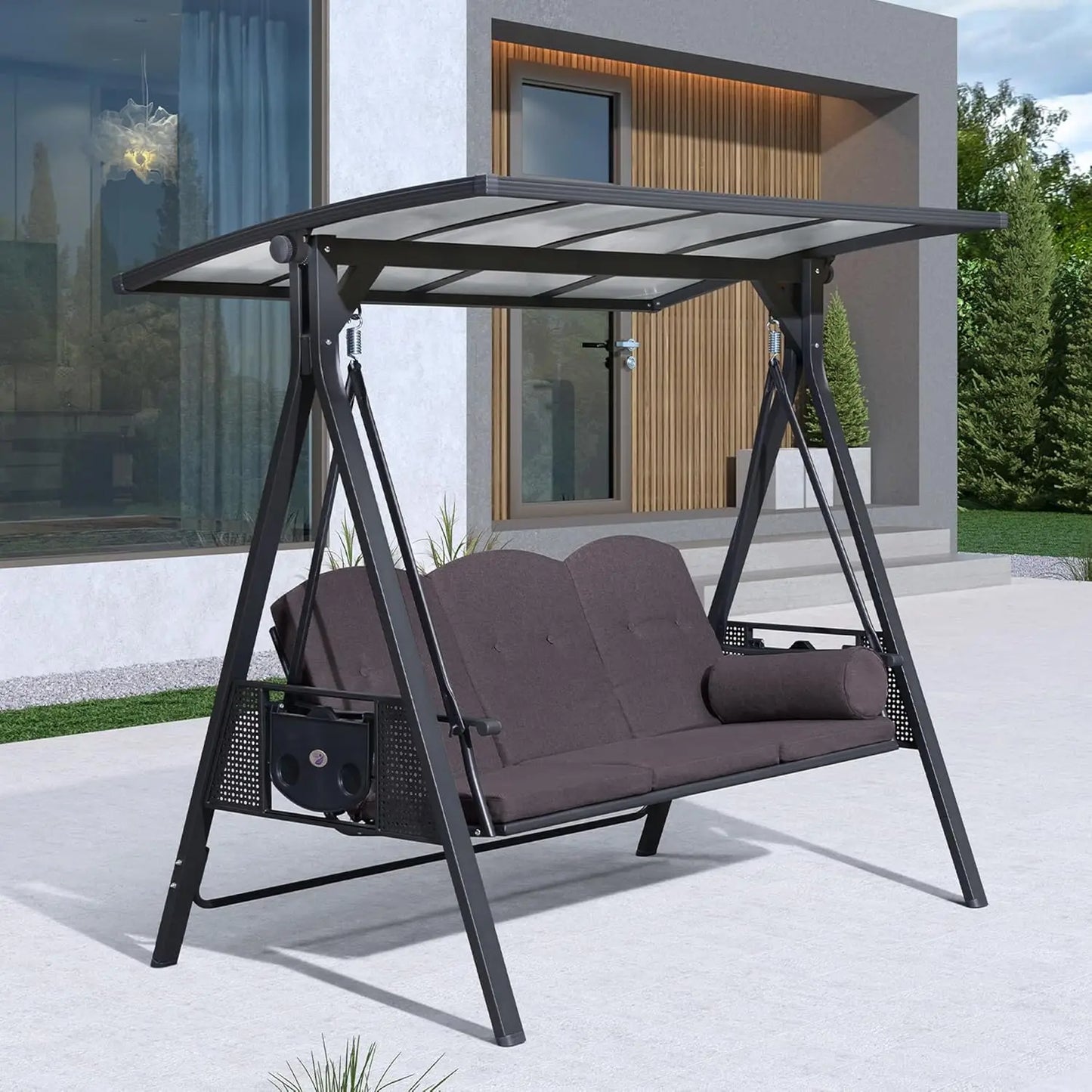 Adjustable Canopy 3 Seat Outdoor Porch Swing Bench Cup Holder