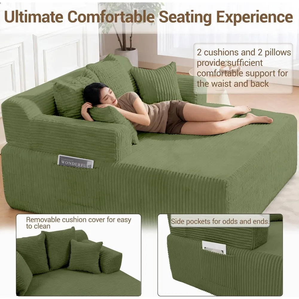 Modern L Shaped Corduroy Chaise Lounge Sofa Bed With Arms
