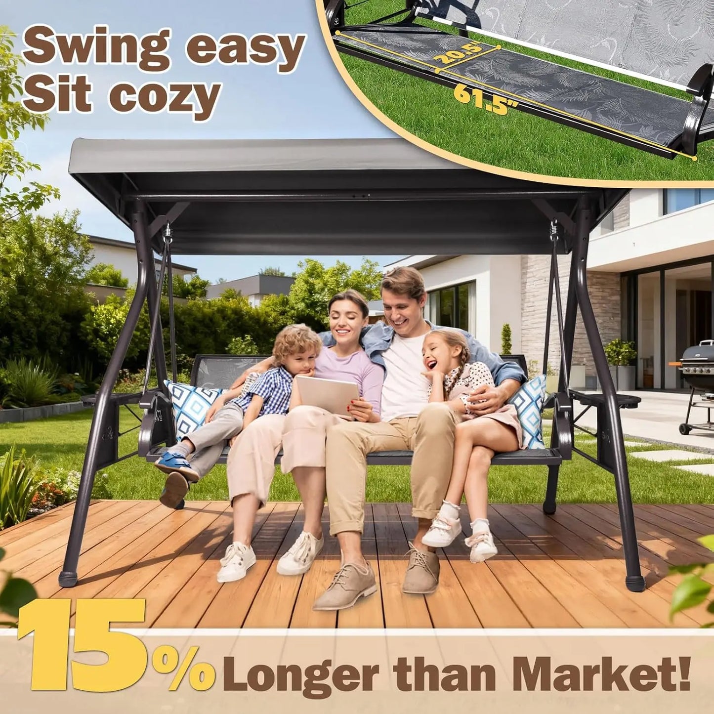Three-Seat Patio Swing Chair With Adjustable Canopy Textilene Cup Holders