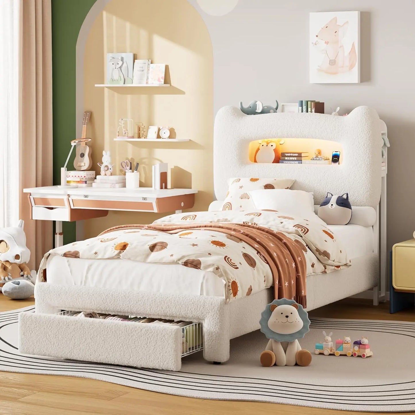 Upholstered Full Bed Frame with 2-Tier Storage Headboard, LED Platform Bed with Charging Station and Drawer for Kids/Girls/Boys,