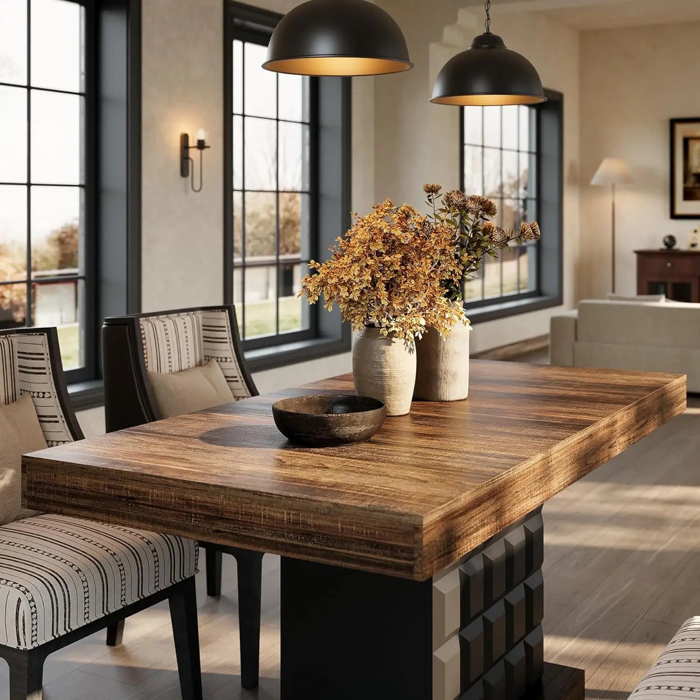 Modern Rectangular Farmhouse Dining Table With Sturdy Wood Pedestal Base