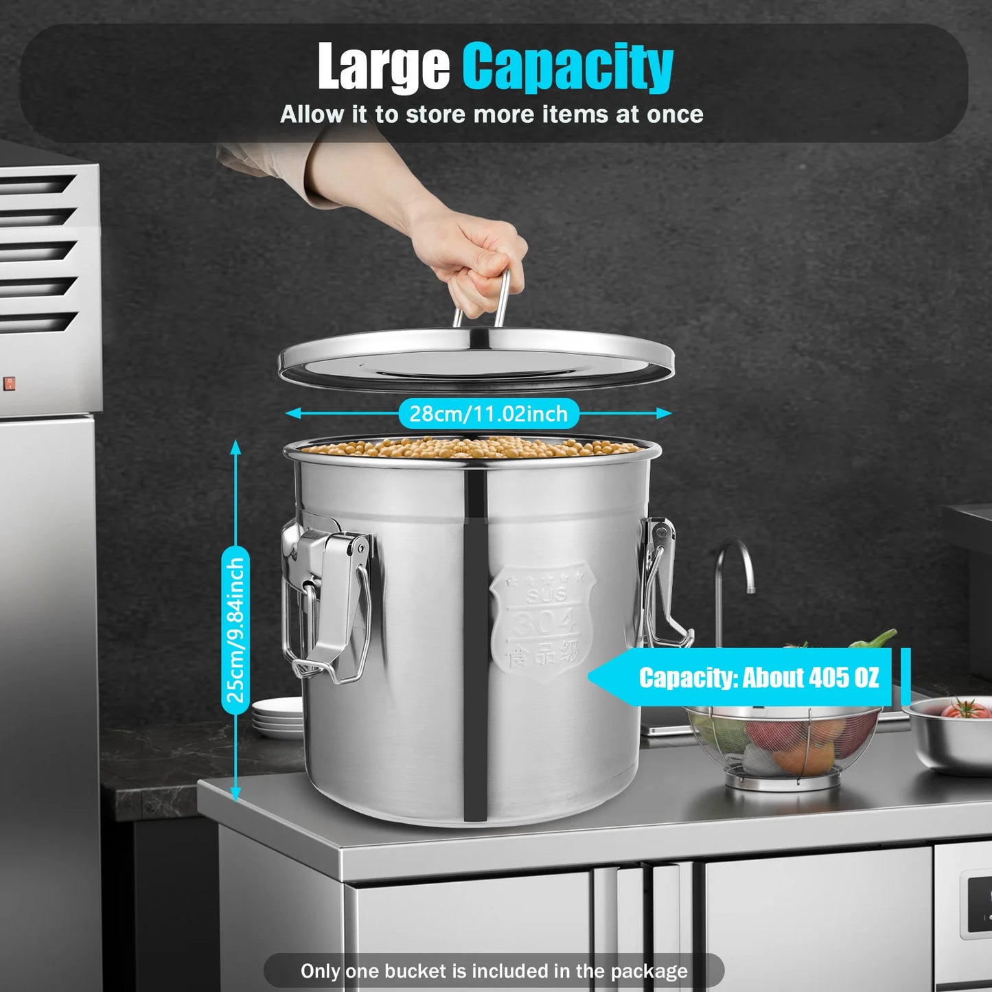 12L Stainless Steel Cereal Container Metal Kitchen Rice Oil Storage Bucket Airtight Durable Corrosion Resistant for Flour Cereal