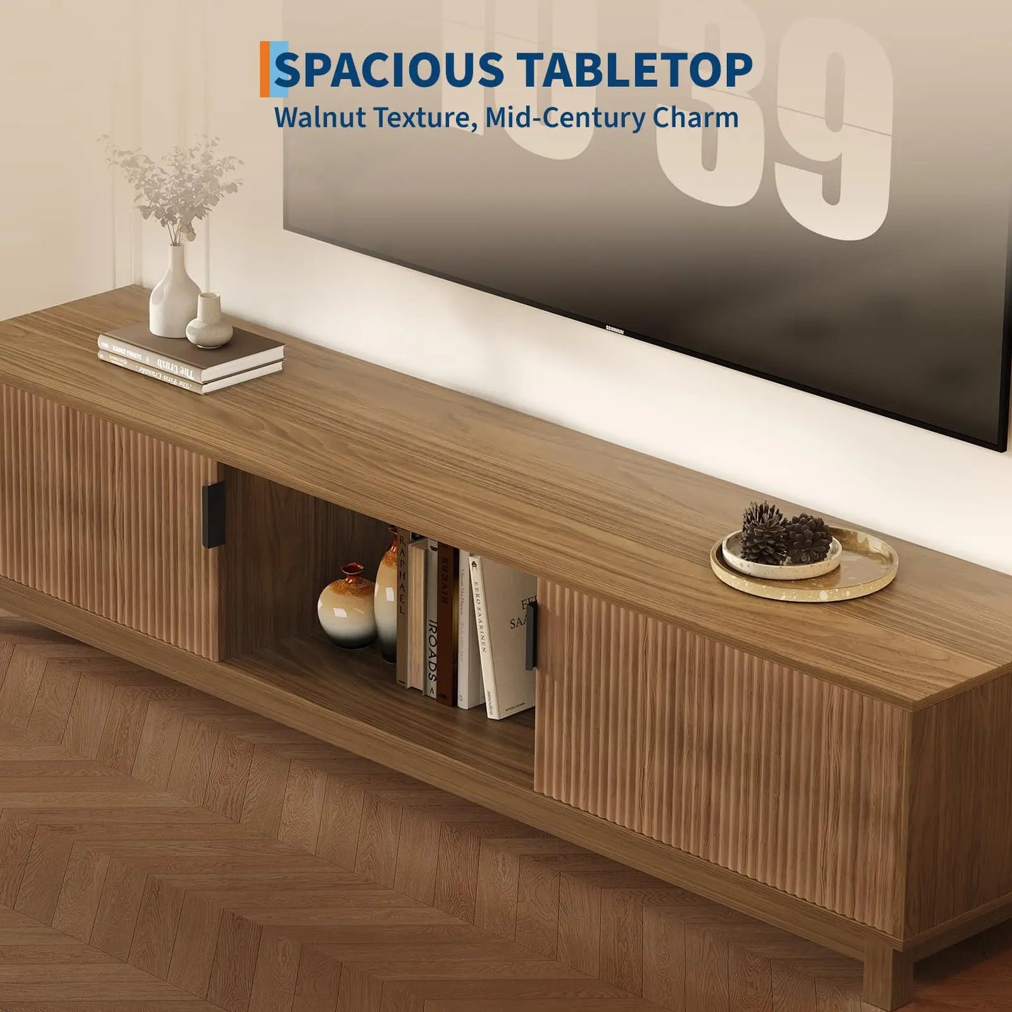 HiMISS Fluted Mid Century Modern TV Stand With Adjustable Shelves