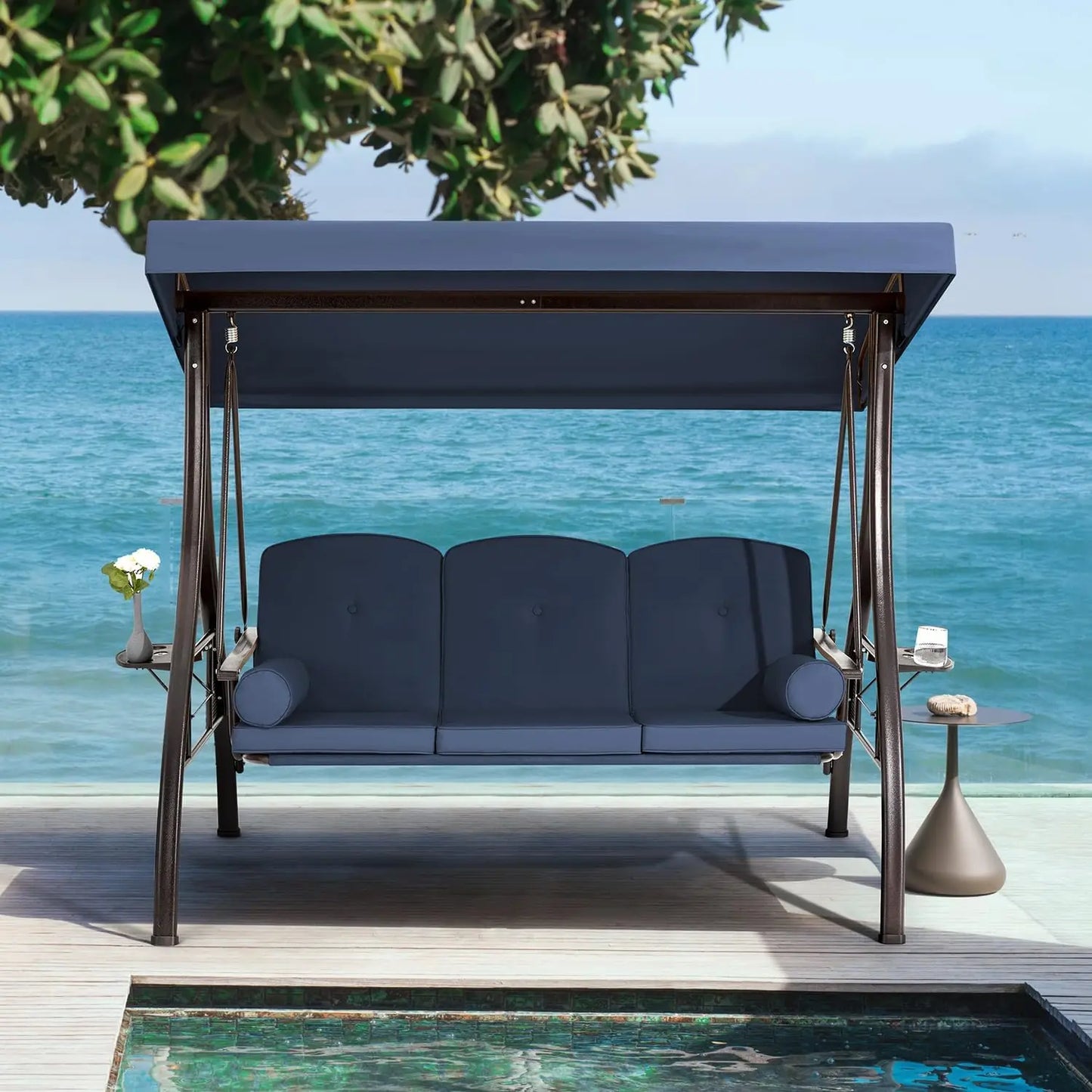 Three Seat Patio Swing With Adjustable Canopy Backrest Cup Holder