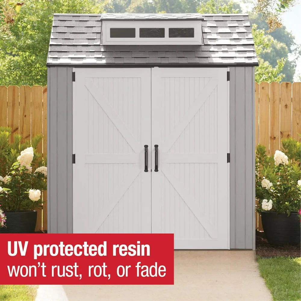Weatherproof Gray Rubbermaid Resin Storage Shed, 7ft x 7ft, with Floor, for Outdoor Home, Backyard, and Garden Tool Organization