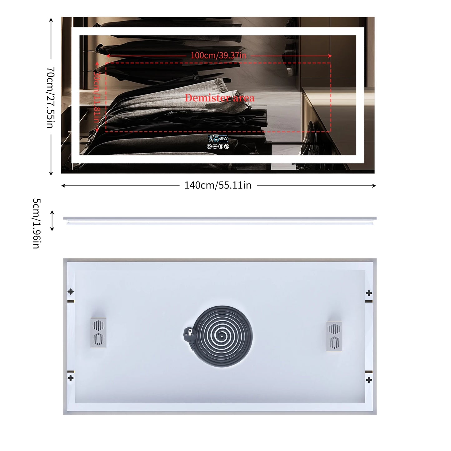 LUVODI Large Illuminated Bluetooth Bathroom Mirror Rectangle Anti-fog LED Bathroom Vanity Mirror with Bluetooth Speaker 3 Color