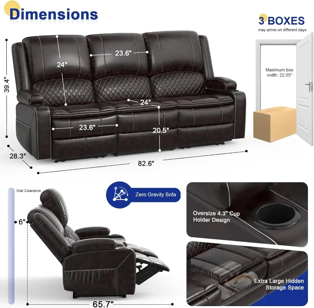 3 Seater Recliner Sofa with Liftable Console, USB Ports & Cup Holders, Manual PU Leather for Living Room/RV