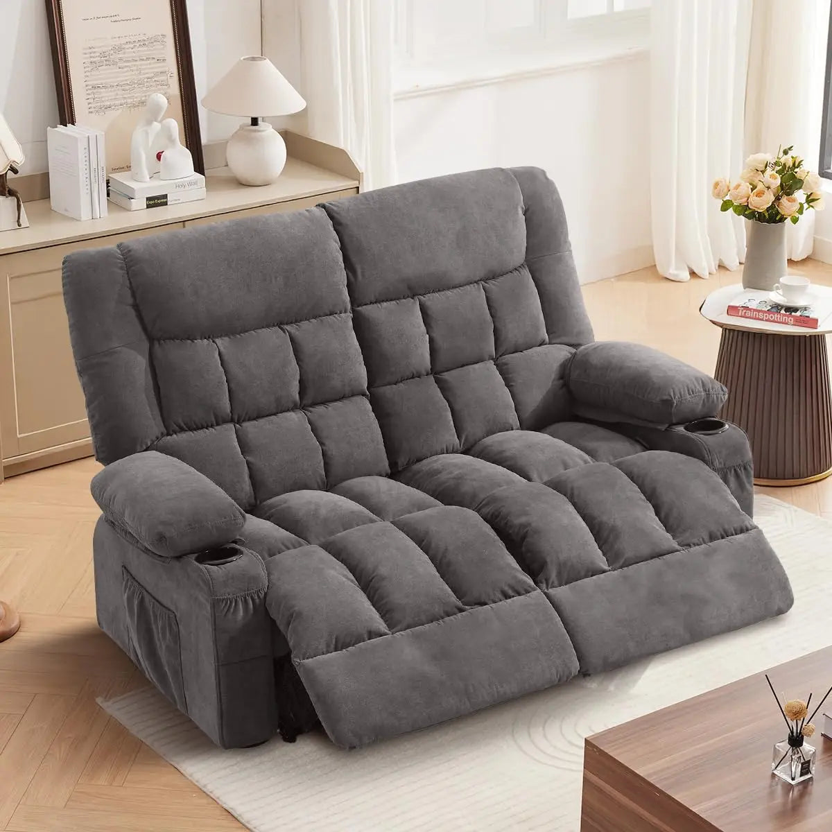 GUANGBAI Ergonomic Manual Recliner Loveseat With Cup Holders