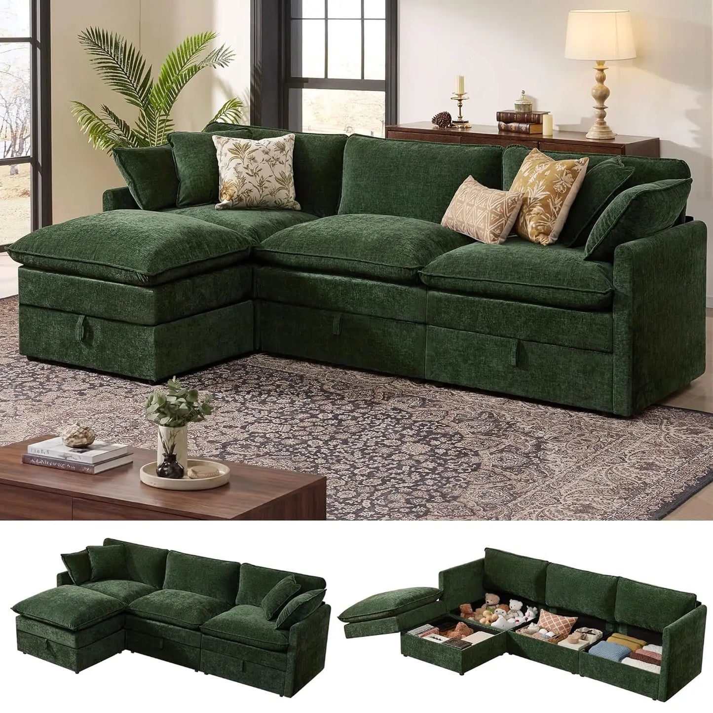 Modular Sectional Sofa With Storage L Shaped Chenille Movable Ottoman