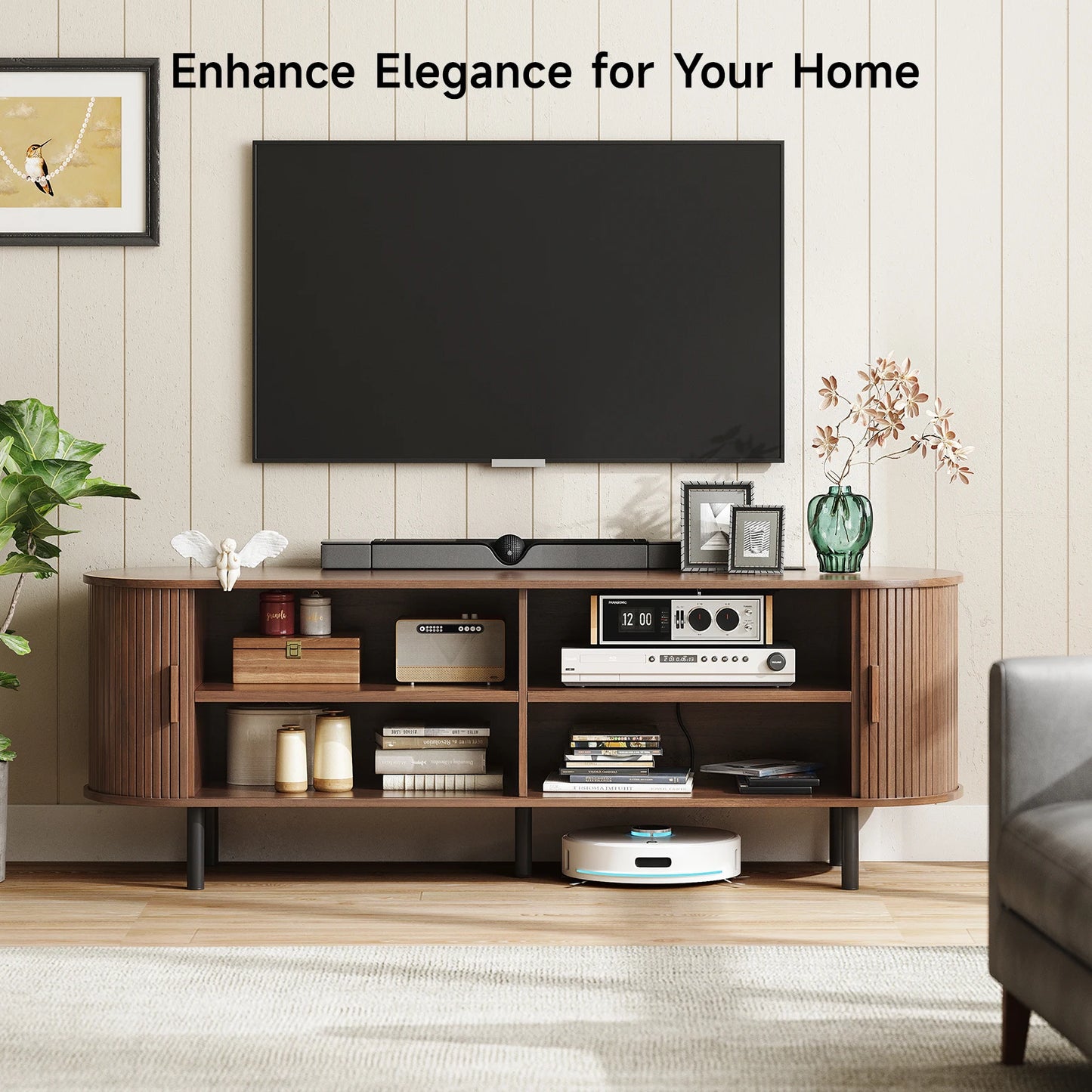 TV Stand With Power Outlet and Sliding Door Storage Entertainment Center