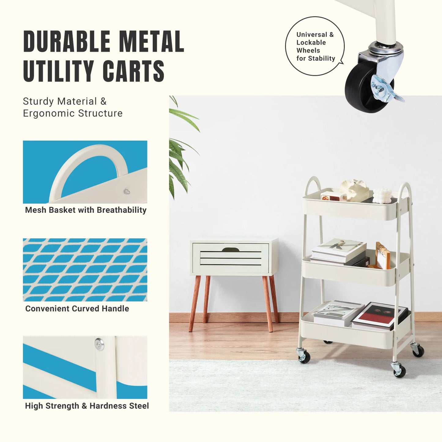 JHK 3 Tier Metal Kitchen Storage Cart With Lockable Wheels