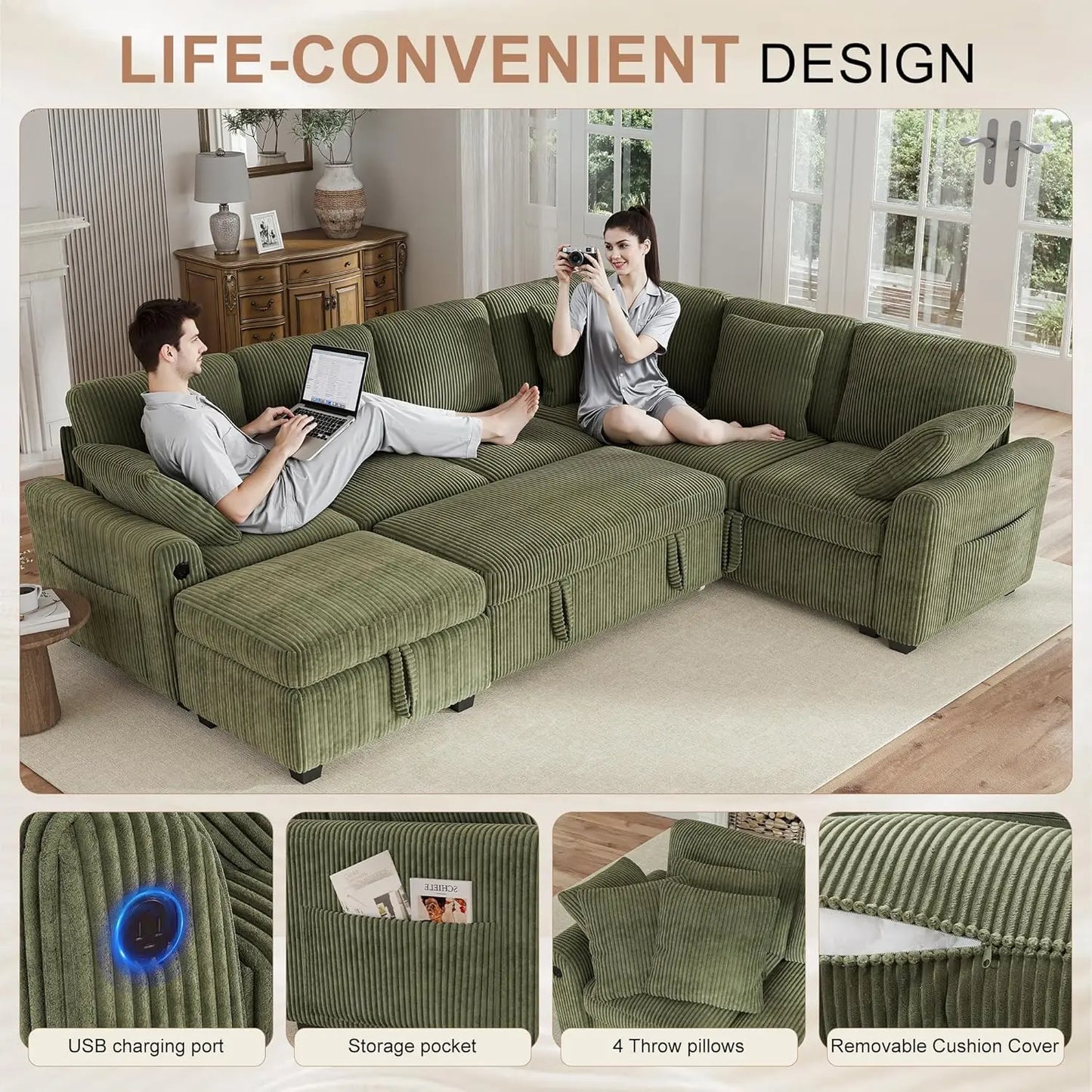 Corduroy L-Shaped Sectional Sofa With Pull-Out Bed Storage USB Charging