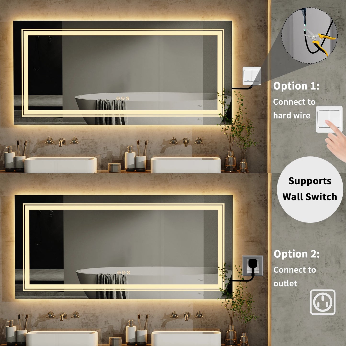 Wisfor LED Bathroom Mirror With Lights Anti Fog Dimmable Backlit
