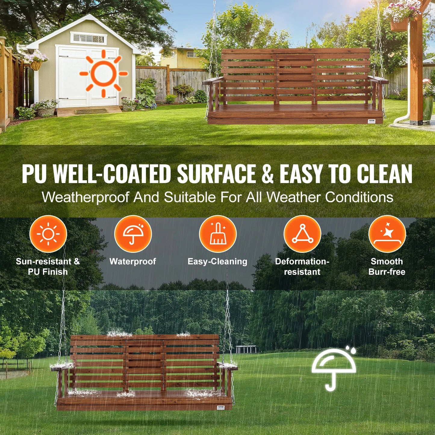SucceBuy Wooden Porch Swing Outdoor Patio Garden 880 Lb Capacity